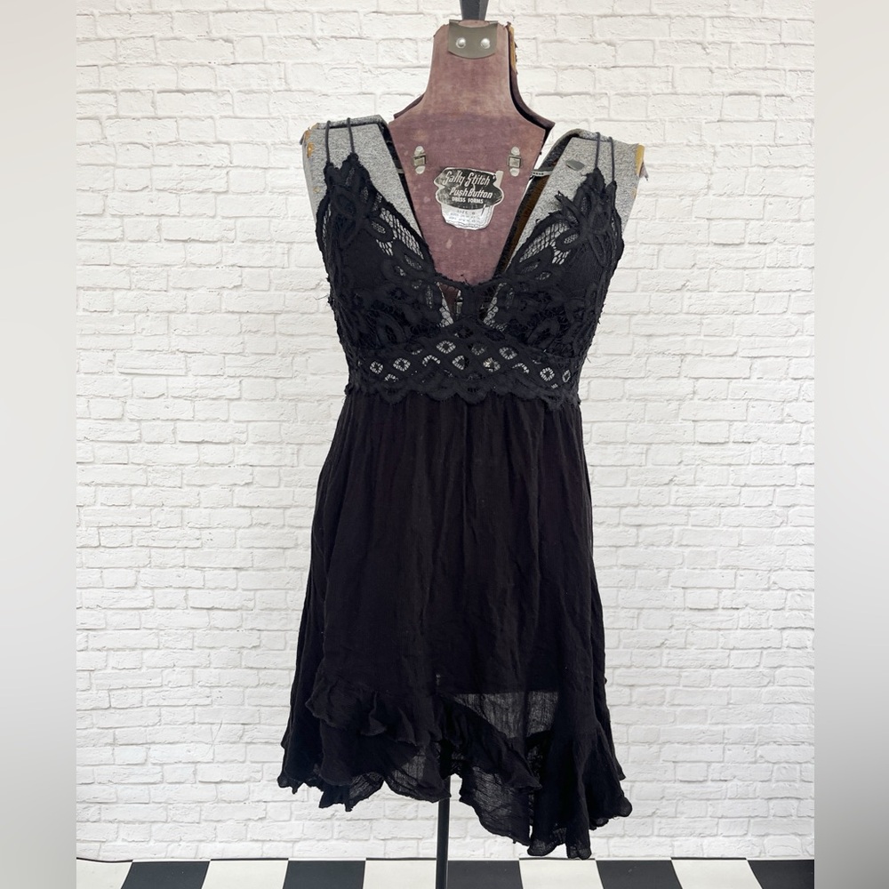 Free People Black Adella Lace Slip Dress medium